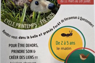 Affiche des ateliers nature pour enfants organisés à Questembert dans la forêt de Keravénan au printemps été 2026