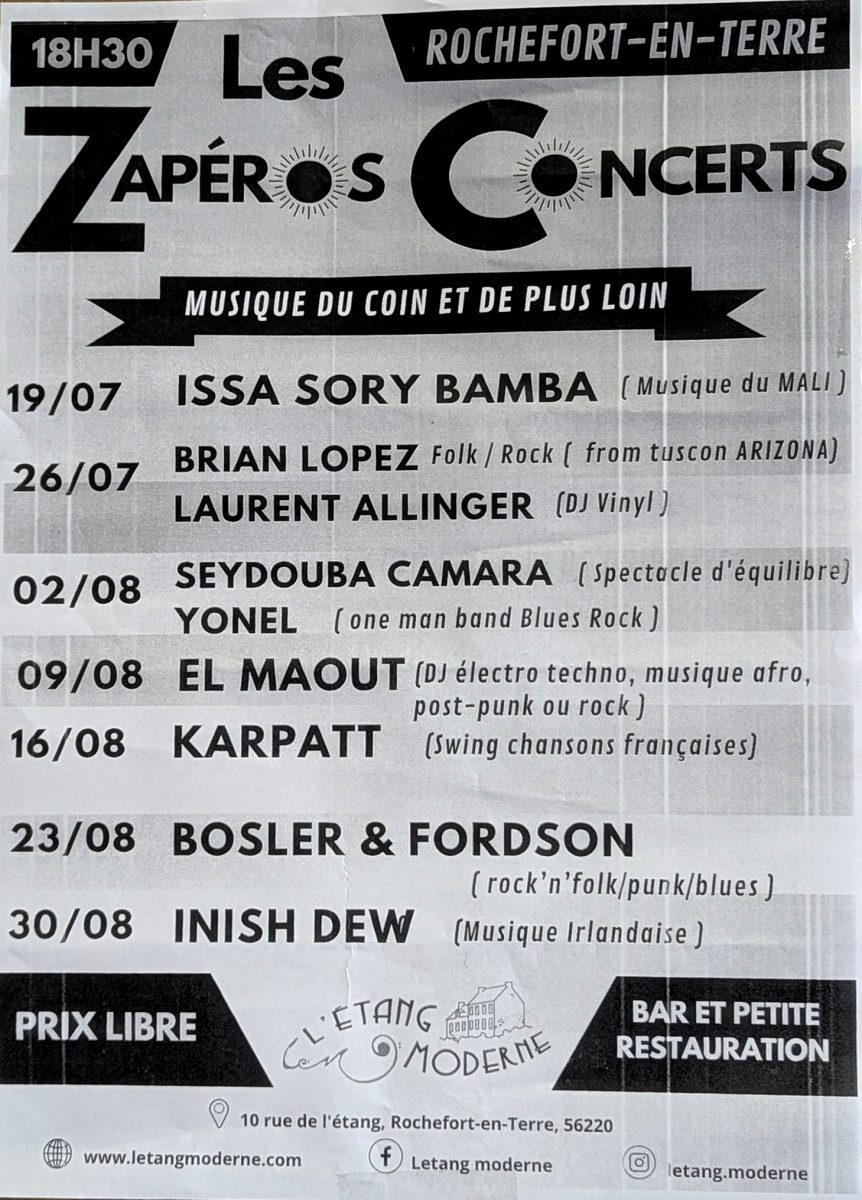 Affiche des Zapéros Concerts 2026 à Rochefort-en-Terre avec la programmation musicale estivale de L’Étang Moderne