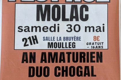 Fest-Noz à Molac le samedi 30 mai 2026 avec An Amaturien, Duo Chogal et Les Voyageurs 5 Affiche du Fest-Noz organisé à Molac le 30 mai 2026 à la salle La Bruyère