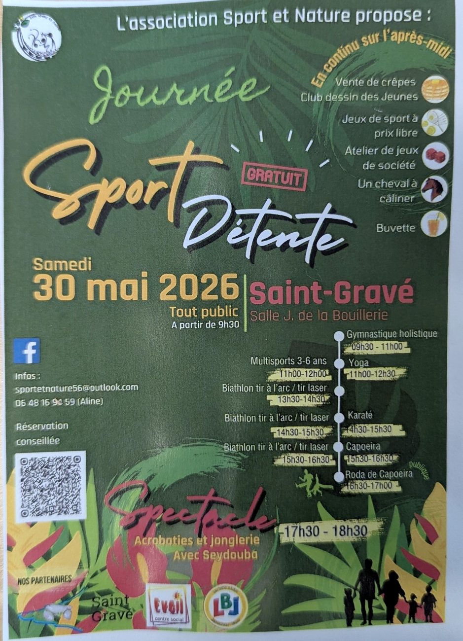Affiche de la Journée Sport Détente organisée à Saint-Gravé le 30 mai 2026 avec activités sportives et animations gratuites