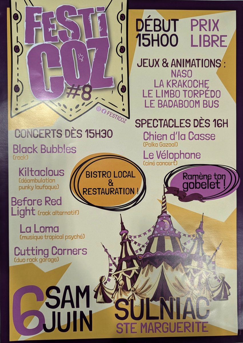 Affiche du Festi’Coz 2026 organisé à Sulniac le 6 juin avec concerts et animations familiales