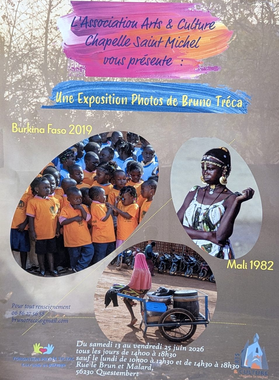 Exposition photo Bruno Tréca à Questembert – Burkina Faso et Mali 1 Affiche de l’exposition photo Bruno Tréca à la chapelle Saint-Michel de Questembert du 13 au 25 juin 2026