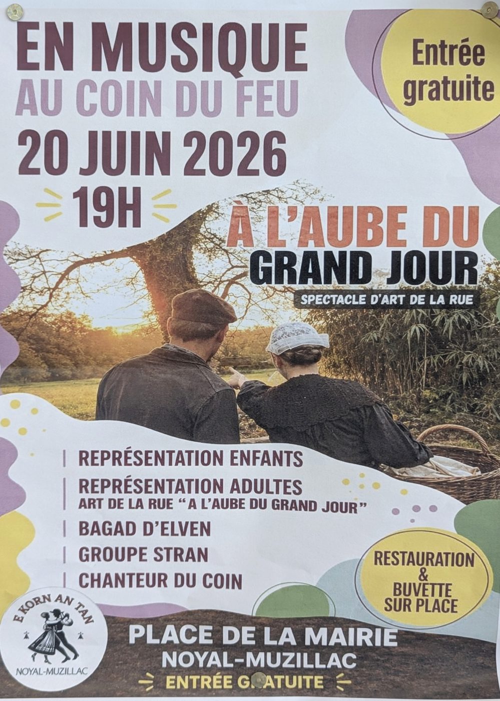 Affiche En Musique au Coin du Feu à Noyal-Muzillac le 20 juin 2026 avec spectacle de rue, Bagad d’Elven et concert du groupe Stran