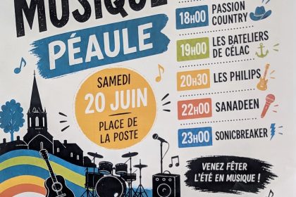 Fête de la Musique 2026 à Péaule : concerts et animations 10 Affiche de la Fête de la Musique 2026 à Péaule avec concerts et restauration le 20 juin.