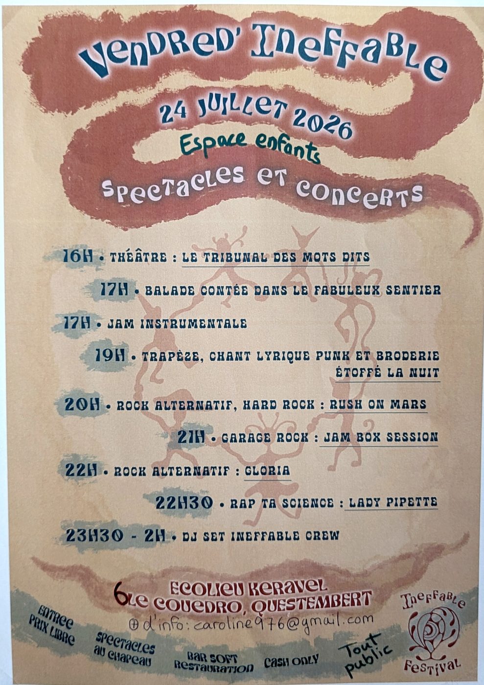 Affiche du festival Vendred'Ineffable 2026 à Questembert avec spectacles, concerts et animations familiales le 24 juillet 2026.
