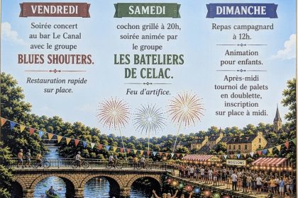 Affiche de la Fête du Canal 2026 à Saint-Congard avec concerts, repas, feu d'artifice et animations familiales.