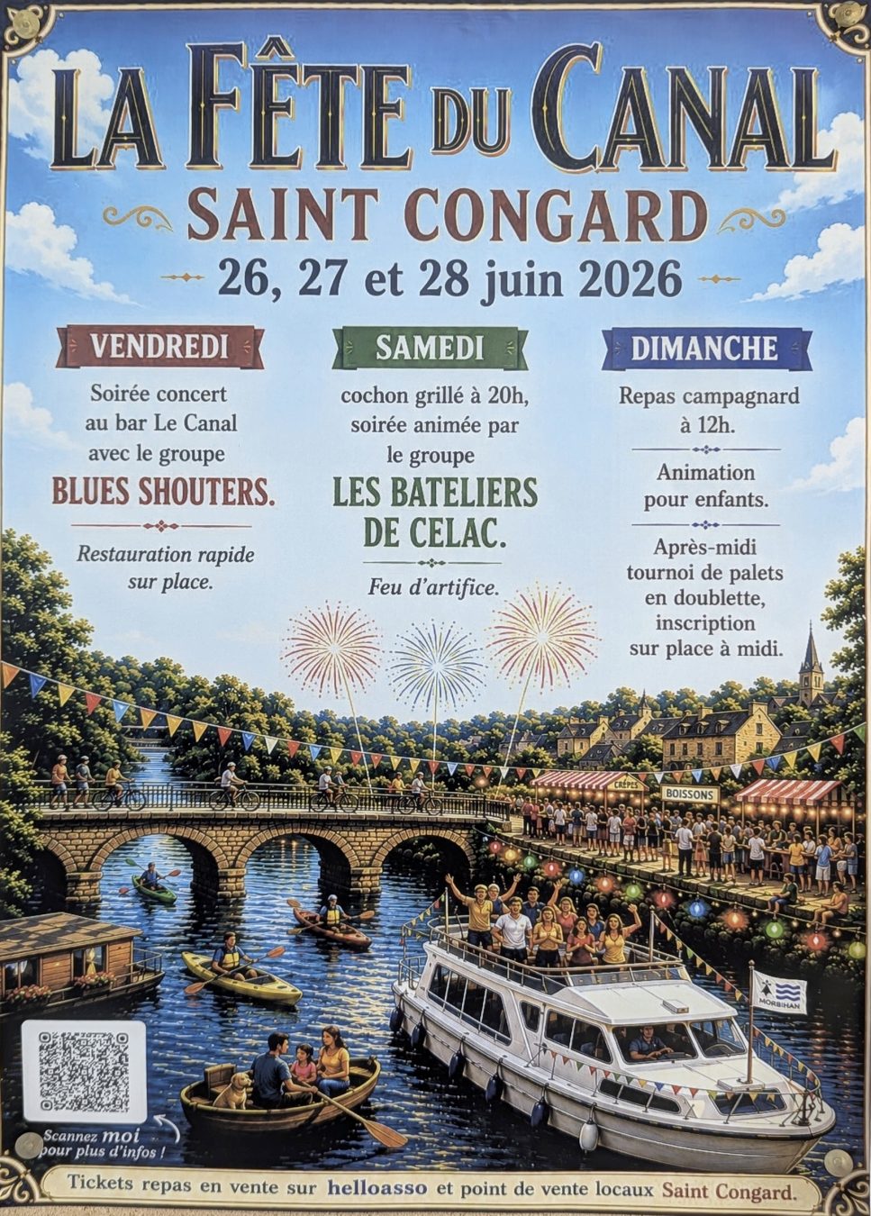 Affiche de la Fête du Canal 2026 à Saint-Congard avec concerts, repas, feu d'artifice et animations familiales.