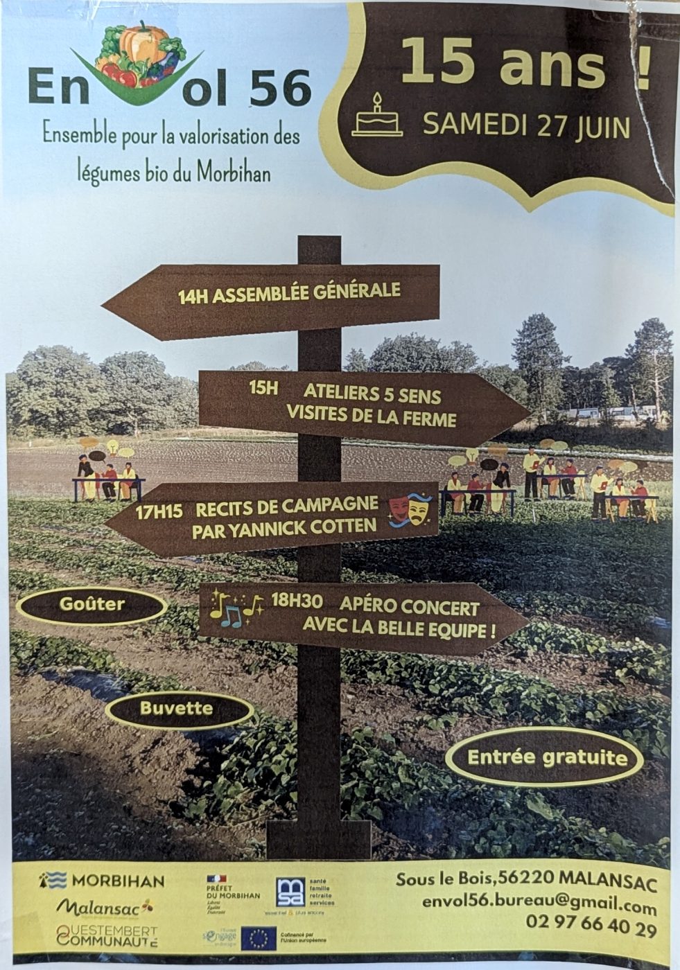Affiche des 15 ans d’Envol 56 à Malansac le 27 juin 2026 avec visites de ferme, ateliers, récits de campagne et concert.