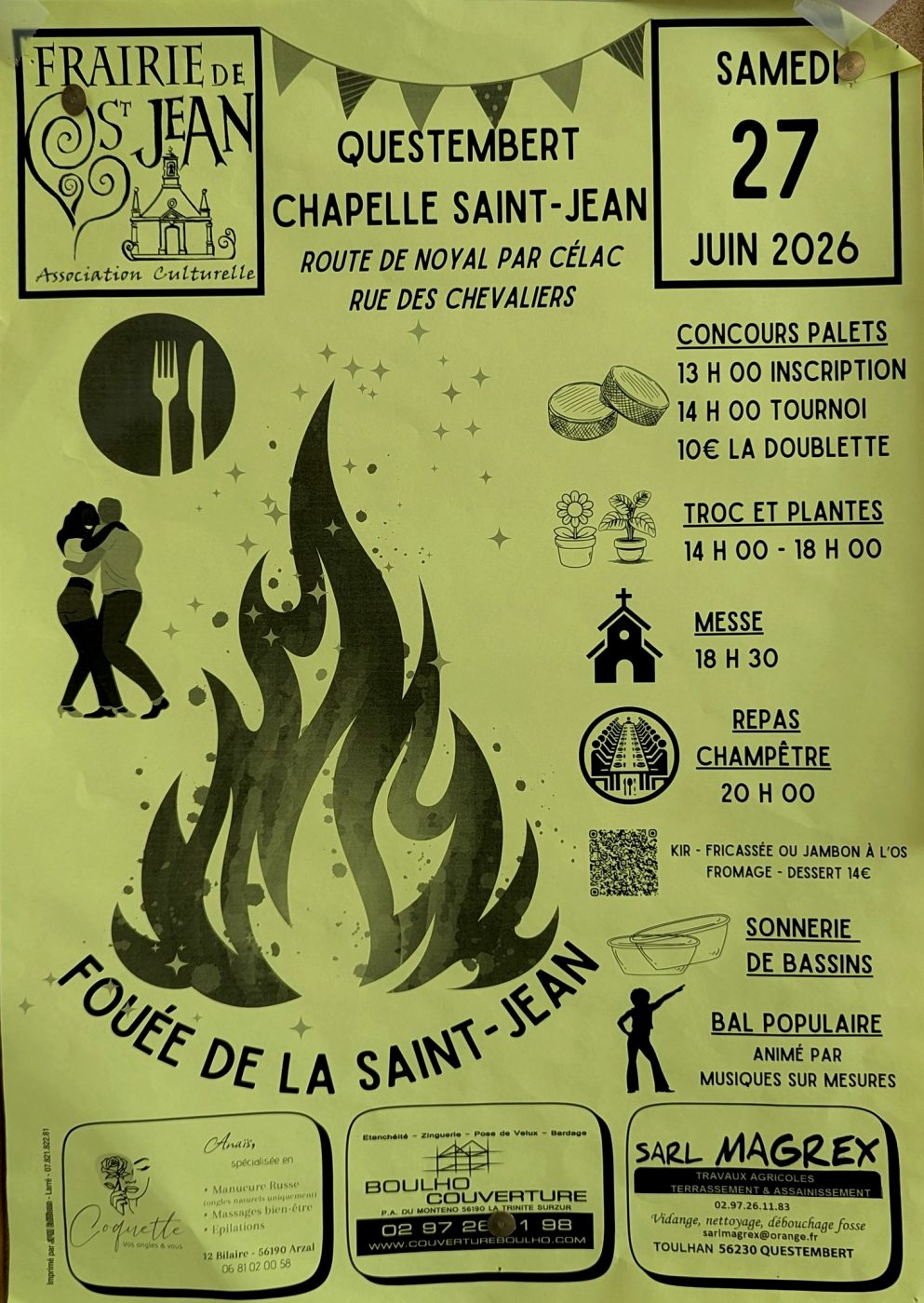 Affiche de la Fouée de la Saint-Jean 2026 à la chapelle Saint-Jean de Questembert avec concours de palets, repas champêtre et bal populaire.