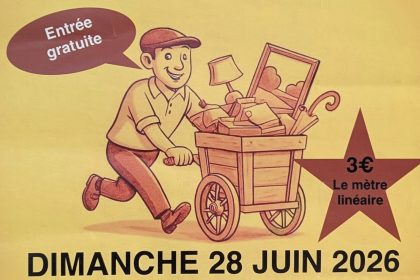 Affiche du vide-greniers 2026 de La Vraie-Croix avec entrée gratuite et restauration sur place.
