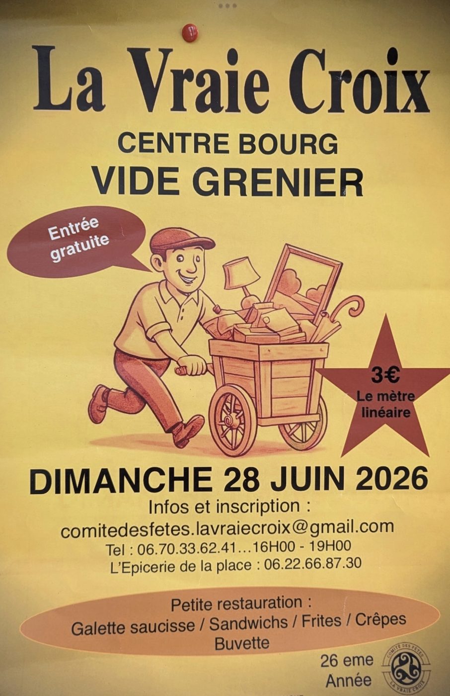 Vide-greniers 2026 à La Vraie-Croix : brocante et restauration 1 Affiche du vide-greniers 2026 de La Vraie-Croix avec entrée gratuite et restauration sur place.
