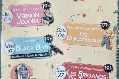 Affiche des animations de juin 2026 au Bar Horizon de Questembert avec concert, spectacle enfants, blind test et théâtre d’improvisation