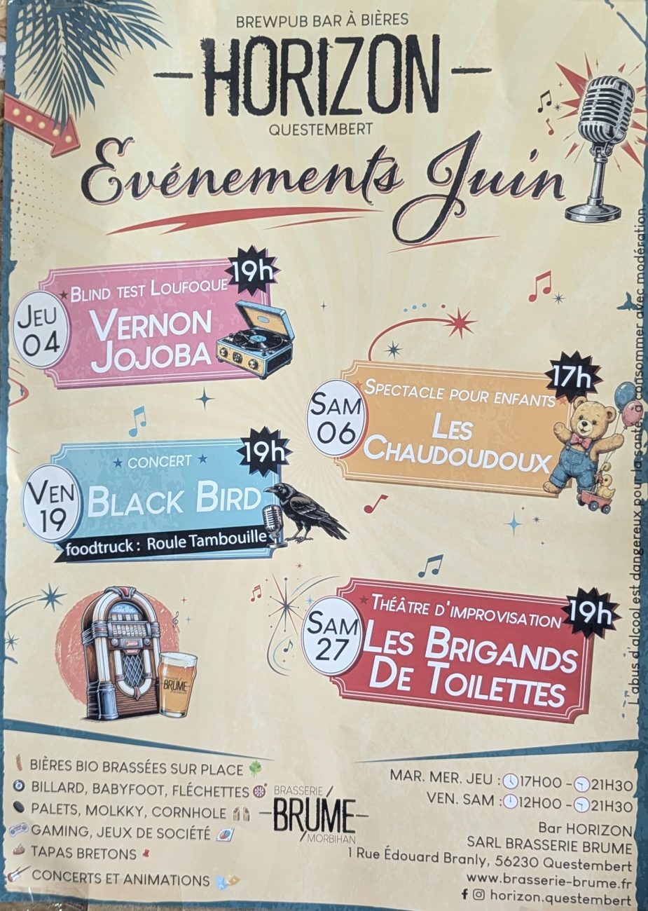 Affiche des animations de juin 2026 au Bar Horizon de Questembert avec concert, spectacle enfants, blind test et théâtre d’improvisation